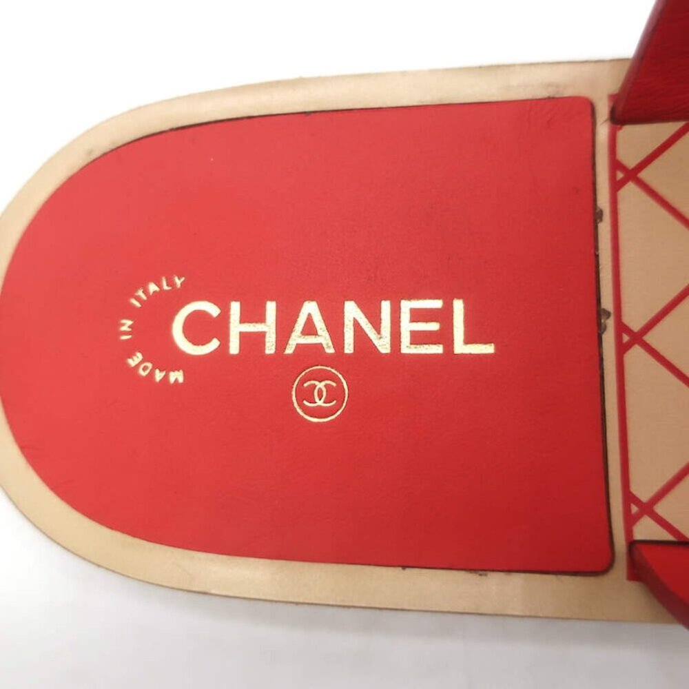 Chanel 19C CC Chain Toe-Strap Flat Slide Sandals Red Leather Size 37.5 - Picture 10 of 13